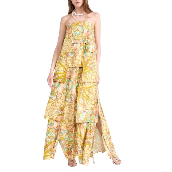 NWT Andrea Iyamah Strata Maxi Dress Strapless Ruffle‎ Tiered US 8 Yellow Print - Picture 9 of 14